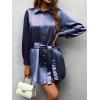 image:imageZeagoo Womens Stain Long Sleeve Dress Button Down Shirts Tunic Dresses Casual VNeck Mini Dress with BeltNavy Blue02