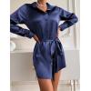 image:imageZeagoo Womens Stain Long Sleeve Dress Button Down Shirts Tunic Dresses Casual VNeck Mini Dress with BeltNavy Blue02