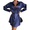 image:imageZeagoo Womens Stain Long Sleeve Dress Button Down Shirts Tunic Dresses Casual VNeck Mini Dress with BeltNavy Blue02