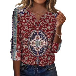image:imageZeagoo Long Sleeve Shirts for Women Casual V Neck Fall Tops Dressy Summer Work Blouses ClothesFloral Red