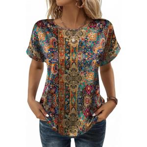 image:imageZeagoo Satin Blouse for Women Business Casual Outfit Short Sleeve Tops Crewneck Tshirt Silk Shirt Summer ClothesBobo Multicolor 721