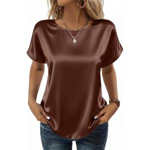 image:imageZeagoo Satin Blouse for Women Business Casual Outfit Short Sleeve Tops Crewneck Tshirt Silk Shirt Summer ClothesBrown