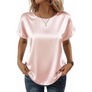 image:imageZeagoo Satin Blouse for Women Business Casual Outfit Short Sleeve Tops Crewneck Tshirt Silk Shirt Summer ClothesChampagne