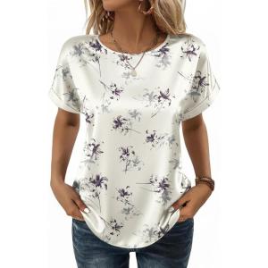 image:imageZeagoo Satin Blouse for Women Business Casual Outfit Short Sleeve Tops Crewneck Tshirt Silk Shirt Summer ClothesFloral Beige 1018