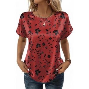 image:imageZeagoo Satin Blouse for Women Business Casual Outfit Short Sleeve Tops Crewneck Tshirt Silk Shirt Summer ClothesFloral Red 290