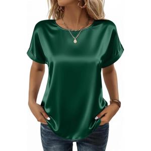 image:imageZeagoo Satin Blouse for Women Business Casual Outfit Short Sleeve Tops Crewneck Tshirt Silk Shirt Summer ClothesGreen