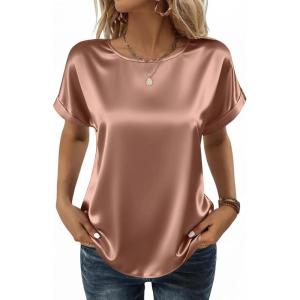 image:imageZeagoo Satin Blouse for Women Business Casual Outfit Short Sleeve Tops Crewneck Tshirt Silk Shirt Summer ClothesLight Khaki