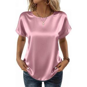 image:imageZeagoo Satin Blouse for Women Business Casual Outfit Short Sleeve Tops Crewneck Tshirt Silk Shirt Summer ClothesPink