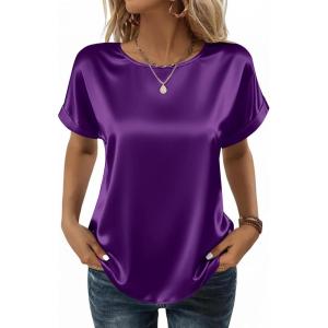 image:imageZeagoo Satin Blouse for Women Business Casual Outfit Short Sleeve Tops Crewneck Tshirt Silk Shirt Summer ClothesPurple