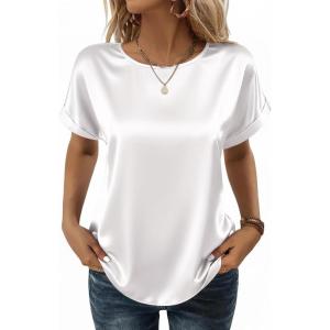 image:imageZeagoo Satin Blouse for Women Business Casual Outfit Short Sleeve Tops Crewneck Tshirt Silk Shirt Summer ClothesWhite