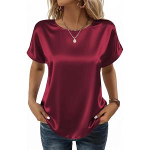 image:imageZeagoo Satin Blouse for Women Business Casual Outfit Short Sleeve Tops Crewneck Tshirt Silk Shirt Summer ClothesWine Red