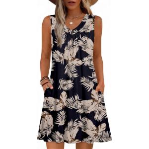 image:imageZeagoo Summer Dresses for Women 2026 Sleeveless Dress V Neck Tank Dress Pleated Floral Tshirt Sundresses with PocketsBlack Khaki Leaf