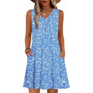 image:imageZeagoo Summer Dresses for Women 2026 Sleeveless Dress V Neck Tank Dress Pleated Floral Tshirt Sundresses with PocketsBlue Floral