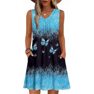 image:imageZeagoo Summer Dresses for Women 2026 Sleeveless Dress V Neck Tank Dress Pleated Floral Tshirt Sundresses with PocketsButterflyprinted