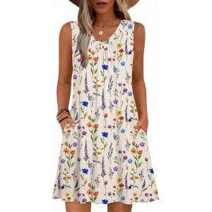 image:imageZeagoo Summer Dresses for Women 2026 Sleeveless Dress V Neck Tank Dress Pleated Floral Tshirt Sundresses with PocketsFloral3