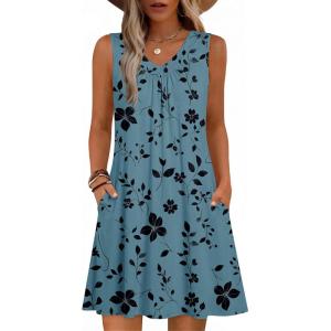 image:imageZeagoo Summer Dresses for Women 2026 Sleeveless Dress V Neck Tank Dress Pleated Floral Tshirt Sundresses with PocketsFloralleaf