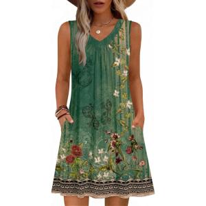 image:imageZeagoo Summer Dresses for Women 2026 Sleeveless Dress V Neck Tank Dress Pleated Floral Tshirt Sundresses with PocketsGreen Floral