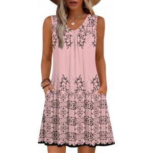 image:imageZeagoo Summer Dresses for Women 2026 Sleeveless Dress V Neck Tank Dress Pleated Floral Tshirt Sundresses with PocketsPink Print