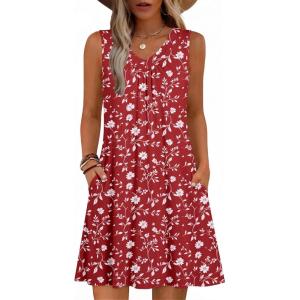 image:imageZeagoo Summer Dresses for Women 2026 Sleeveless Dress V Neck Tank Dress Pleated Floral Tshirt Sundresses with PocketsRedfloral