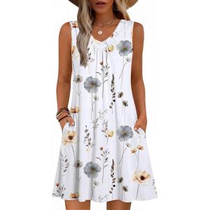 image:imageZeagoo Summer Dresses for Women 2026 Sleeveless Dress V Neck Tank Dress Pleated Floral Tshirt Sundresses with PocketsWhite Floral