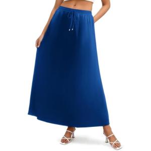 image:imageZeagoo Womens 2026 Boho Floral Skirt Casual Elastic High Waist Maxi Skirts Flowy A Line Beach Long Skirt with Side PocketsBlue Color