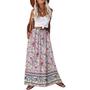 image:imageZeagoo Womens 2026 Boho Floral Skirt Casual Elastic High Waist Maxi Skirts Flowy A Line Beach Long Skirt with Side PocketsBoho Purple Flower