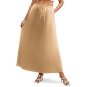 image:imageZeagoo Womens 2026 Boho Floral Skirt Casual Elastic High Waist Maxi Skirts Flowy A Line Beach Long Skirt with Side PocketsCamel