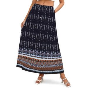 image:imageZeagoo Womens 2026 Boho Floral Skirt Casual Elastic High Waist Maxi Skirts Flowy A Line Beach Long Skirt with Side PocketsDark Blue