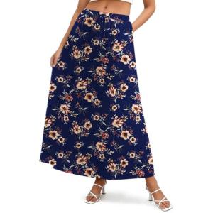 image:imageZeagoo Womens 2026 Boho Floral Skirt Casual Elastic High Waist Maxi Skirts Flowy A Line Beach Long Skirt with Side PocketsDark Bluebrown