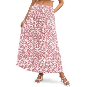 image:imageZeagoo Womens 2026 Boho Floral Skirt Casual Elastic High Waist Maxi Skirts Flowy A Line Beach Long Skirt with Side PocketsOrange Pink White