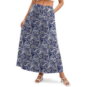 image:imageZeagoo Womens 2026 Boho Floral Skirt Casual Elastic High Waist Maxi Skirts Flowy A Line Beach Long Skirt with Side PocketsTibetan Khaki