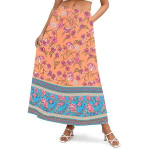 image:imageZeagoo Womens 2026 Boho Floral Skirt Casual Elastic High Waist Maxi Skirts Flowy A Line Beach Long Skirt with Side PocketsYellowgreen