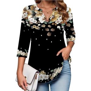 image:imageZeagoo Womens 34 Length Sleeve Tops V Neck Tunic Casual Dressy Blouse Floral Printed ShirtsFloral Black