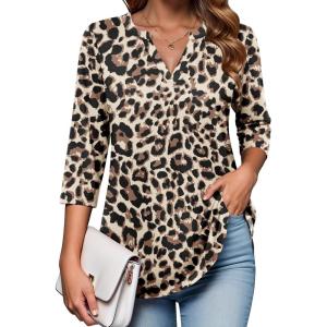 image:imageZeagoo Womens 34 Length Sleeve Tops V Neck Tunic Casual Dressy Blouse Floral Printed ShirtsLeopard Brown