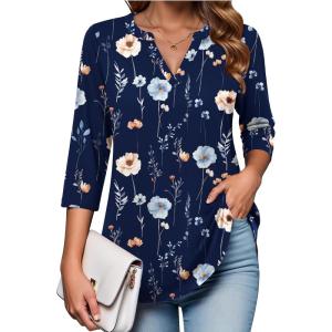 image:imageZeagoo Womens 34 Length Sleeve Tops V Neck Tunic Casual Dressy Blouse Floral Printed ShirtsNavy Blue Floral