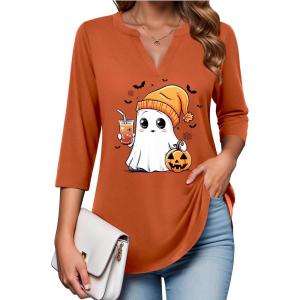 image:imageZeagoo Womens 34 Length Sleeve Tops V Neck Tunic Casual Dressy Blouse Floral Printed ShirtsOrange Spooky