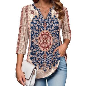 image:imageZeagoo Womens 34 Length Sleeve Tops V Neck Tunic Casual Dressy Blouse Floral Printed ShirtsRed Pattern