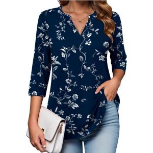 image:imageZeagoo Womens 34 Length Sleeve Tops V Neck Tunic Casual Dressy Blouse Floral Printed ShirtsWhite Leaves  Navy Blue