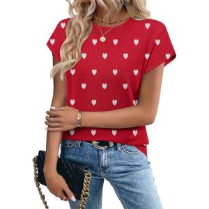 image:imageZeagoo Womens Summer Short Sleeve Tops Crew Neck Pullover Sweaters Cap Sleeve Loose Dressy Casual Blouse Basic ClothesLove Printred Ax71
