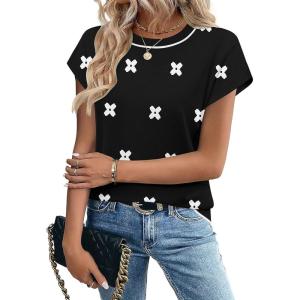 image:imageZeagoo Womens Summer Short Sleeve Tops Crew Neck Pullover Sweaters Cap Sleeve Loose Dressy Casual Blouse Basic ClothesWhite Floralblack Jh454