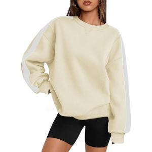 image:imageZeagoo Womens Sweatshirt Long Sleeve Color Block Fleece Hoodies Fall Casual Crewneck Pullover Tunic Tops 2024Beige