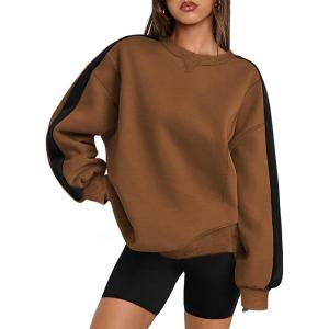 image:imageZeagoo Womens Sweatshirt Long Sleeve Color Block Fleece Hoodies Fall Casual Crewneck Pullover Tunic Tops 2024Light Brown