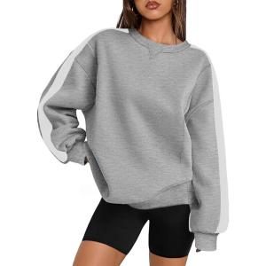 image:imageZeagoo Womens Sweatshirt Long Sleeve Color Block Fleece Hoodies Fall Casual Crewneck Pullover Tunic Tops 2024Light Grey