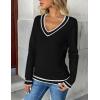 image:imageZeagoo Womens 2026 Fall V Neck Sweater Trendy Long Sleeve Casual Lightweight Ribbed Knit Pullover TopsBlack Stripe