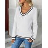 image:imageZeagoo Womens 2026 Fall V Neck Sweater Trendy Long Sleeve Casual Lightweight Ribbed Knit Pullover TopsWhite Stripe