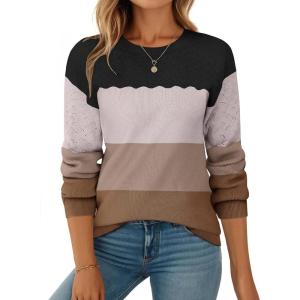 image:imageZeagoo Fall Sweaters for Women 2025 Casual Crewneck Knit Long Sleeve Loose Pullover Sweater Outfits TopsBlack Brown Striped