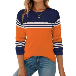 image:imageZeagoo Fall Sweaters for Women 2025 Casual Crewneck Knit Long Sleeve Loose Pullover Sweater Outfits TopsOrange Striped