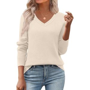 image:imageZeagoo Womens 2026 Fall V Neck Sweater Trendy Long Sleeve Casual Lightweight Ribbed Knit Pullover TopsApricot