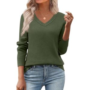 image:imageZeagoo Womens 2026 Fall V Neck Sweater Trendy Long Sleeve Casual Lightweight Ribbed Knit Pullover TopsArmy Green