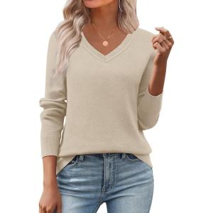 image:imageZeagoo Womens 2026 Fall V Neck Sweater Trendy Long Sleeve Casual Lightweight Ribbed Knit Pullover TopsBeige